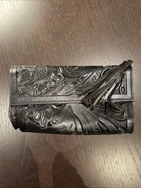 Embossed Floral Leather Clutch Wallet with Tassel Mexican